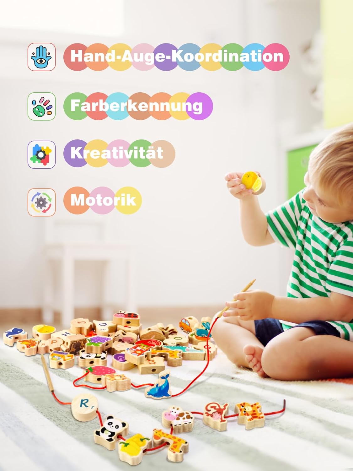 Detalle de DealKits Fädelspiel ab 2 Jahren – Montessori Lernspielzeug aus Holz, 42 Perlen inkl. 4 Themenwelten