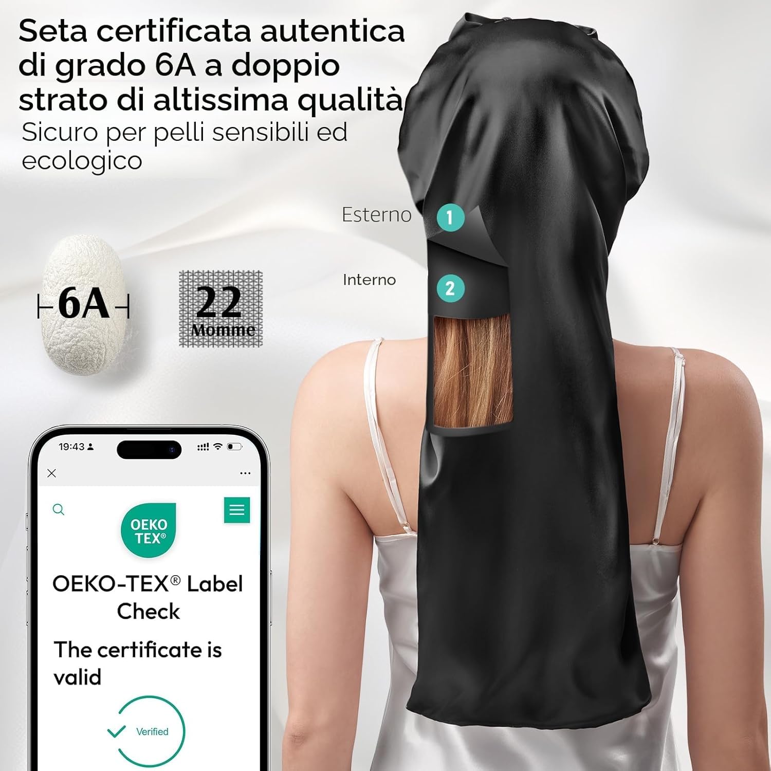 Detalle de Umisleep 22 Momme: cuffia in seta di gelso doppiamente rifinita per capelli voluminosi