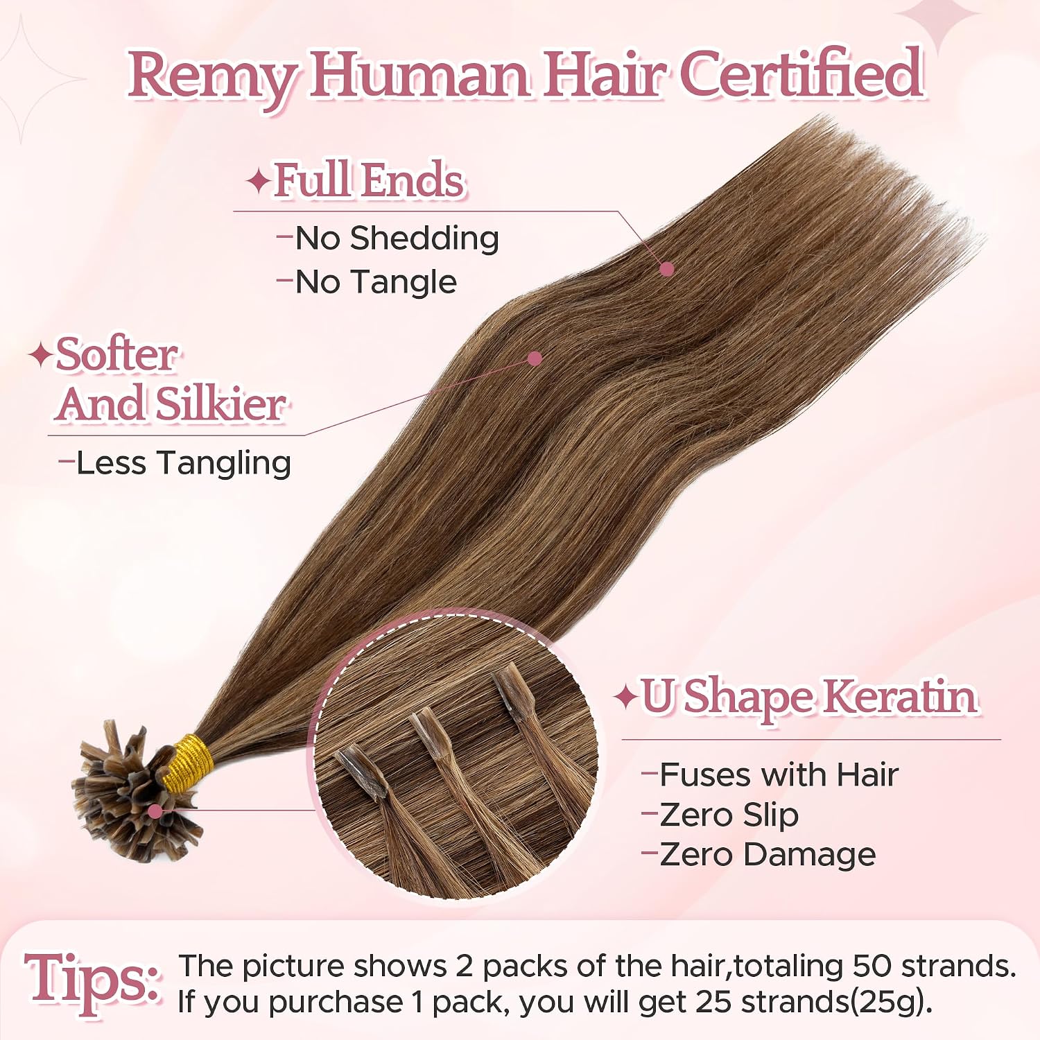 Detalle de SEGO Extension Capelli Veri Cheratina 40 cm | 25 Ciocche Remy U-Tip 4/27 Marrone Medio mix Biondo Scuro