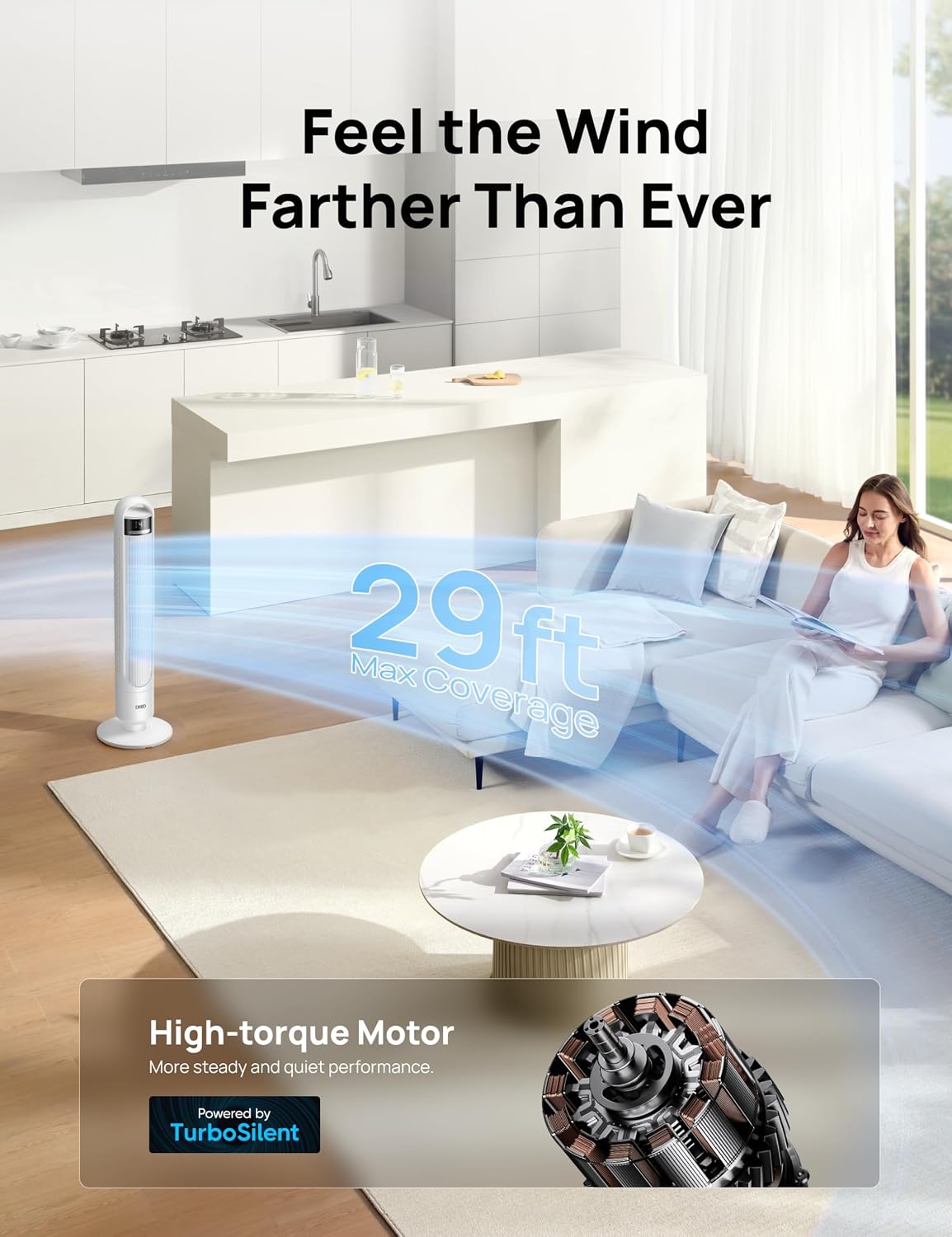 Detalle de DREO Quiet Tower Fan 28dB Bedroom Cooling