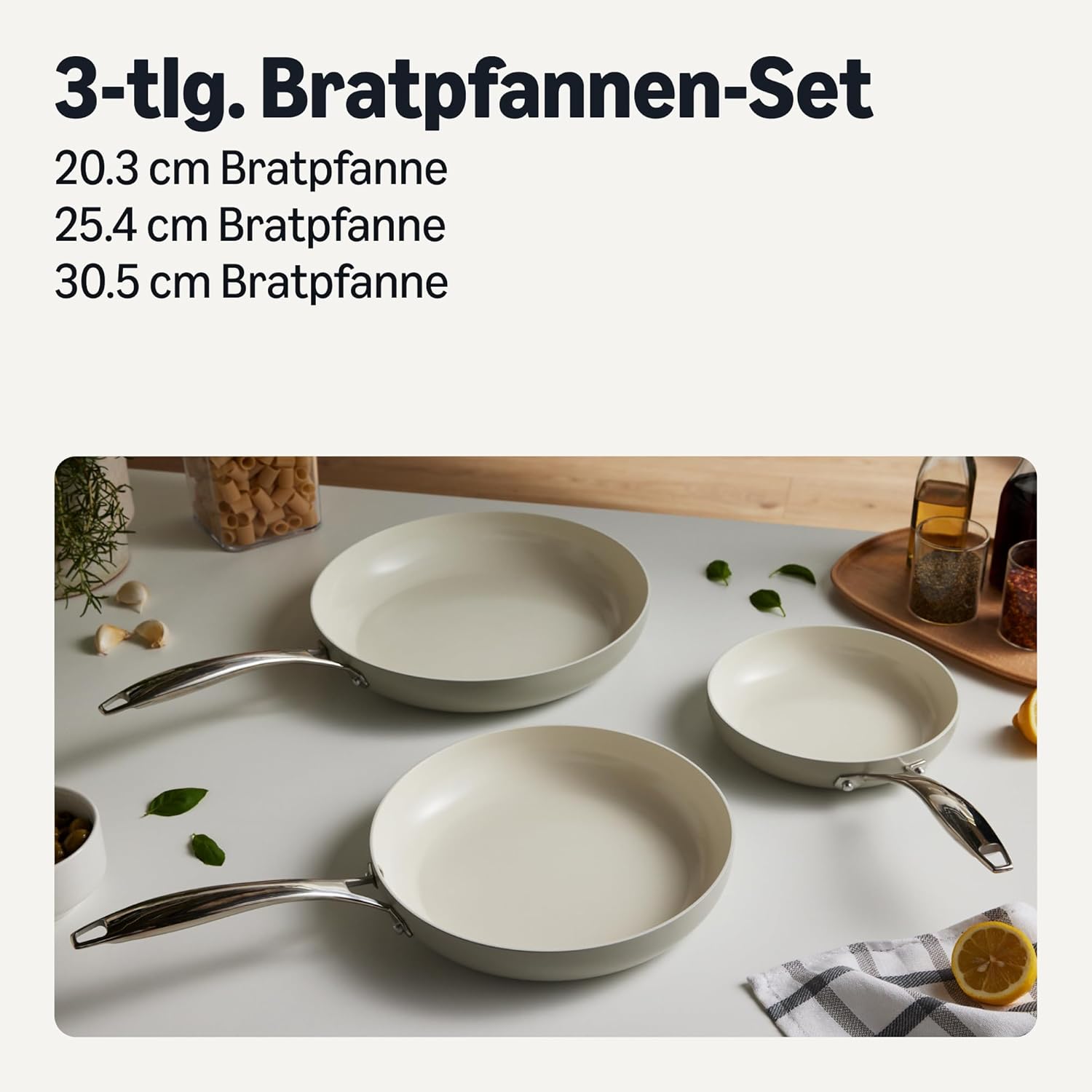 Thumbnail 1 de Amazon Basics Antihaft-Keramikkochgeschirr, 3-Teiliges Set – spülmaschinenfest, induktionsgeeignet, Leinengrau