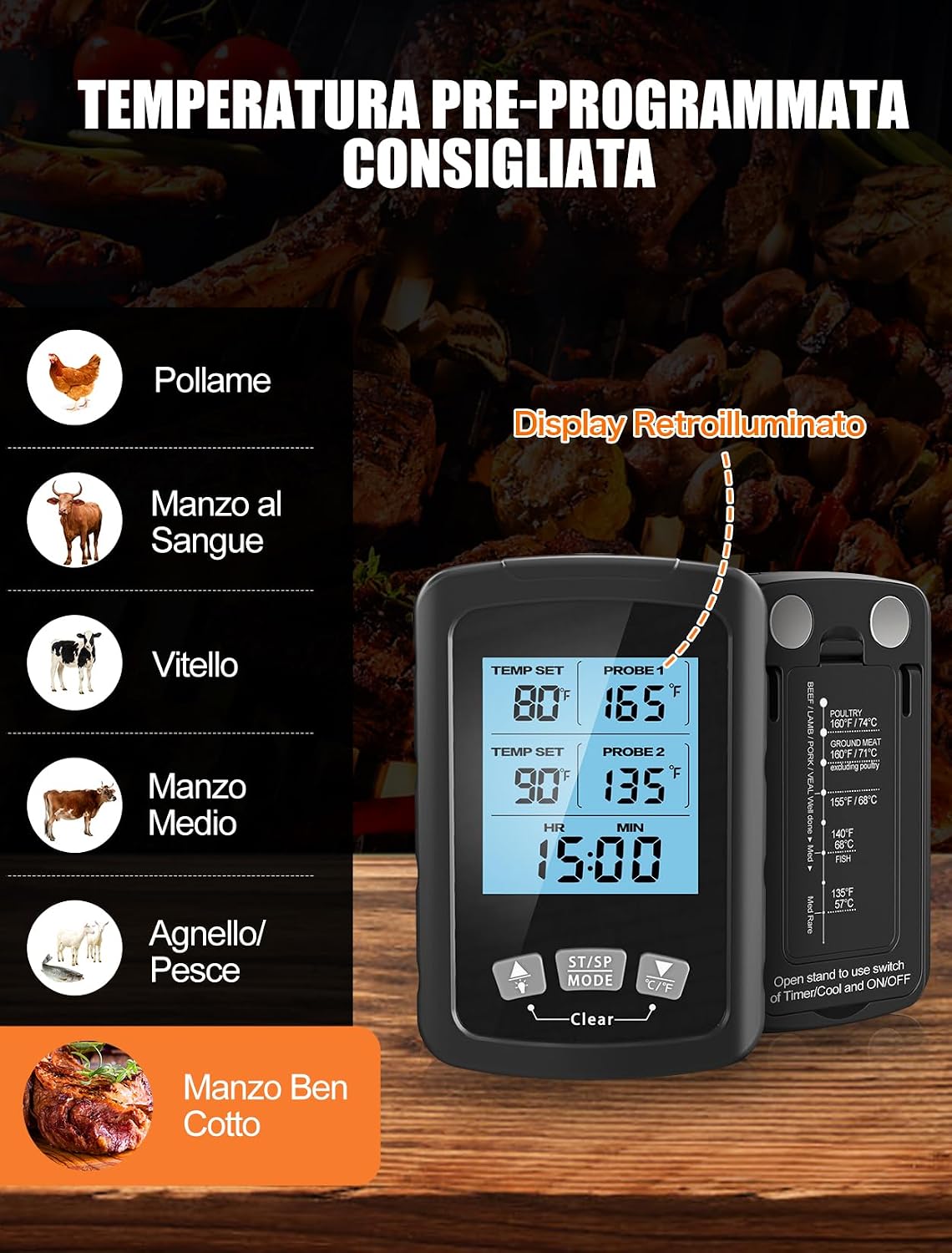 Detalle de CIRYCASE Termometro Cucina Doppia Sonda 16.3 cm – Lettura rapida, dual probe e allarme per BBQ