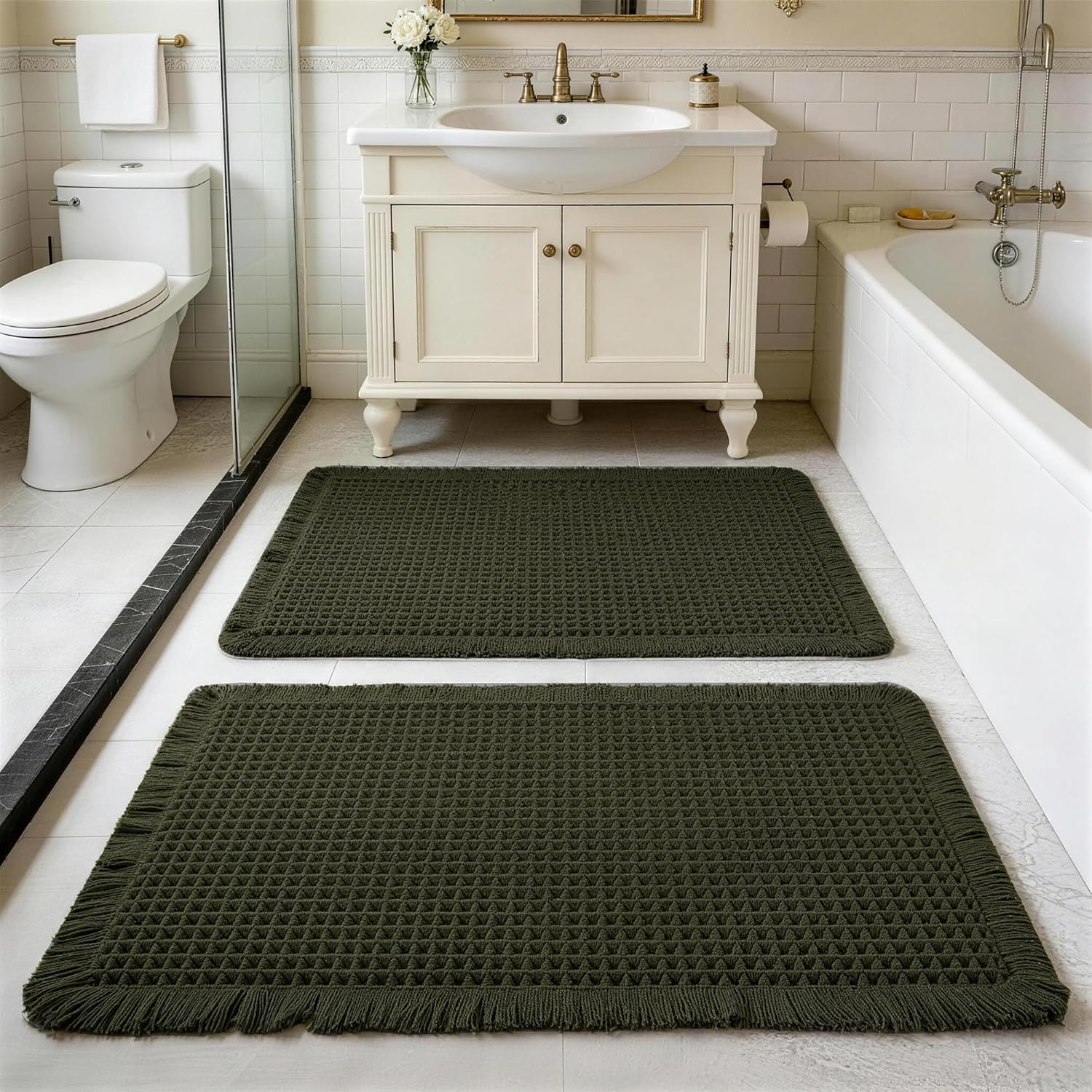 Thumbnail 4 de ZVFFDG Set of 2 Waffle Bathroom Rugs – Olive Green (18x30 and 24x36) with Non-Slip Backing