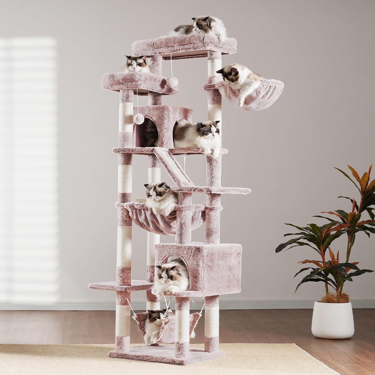Thumbnail 6 de Heybly Kratzbaum 180 cm – Hoher Katzenturm mit 2 Plattformen, 2 Schlafhäusern, 2 Hängematten, Korb und Kratzbrett (Braun-Beige) HCT034MU