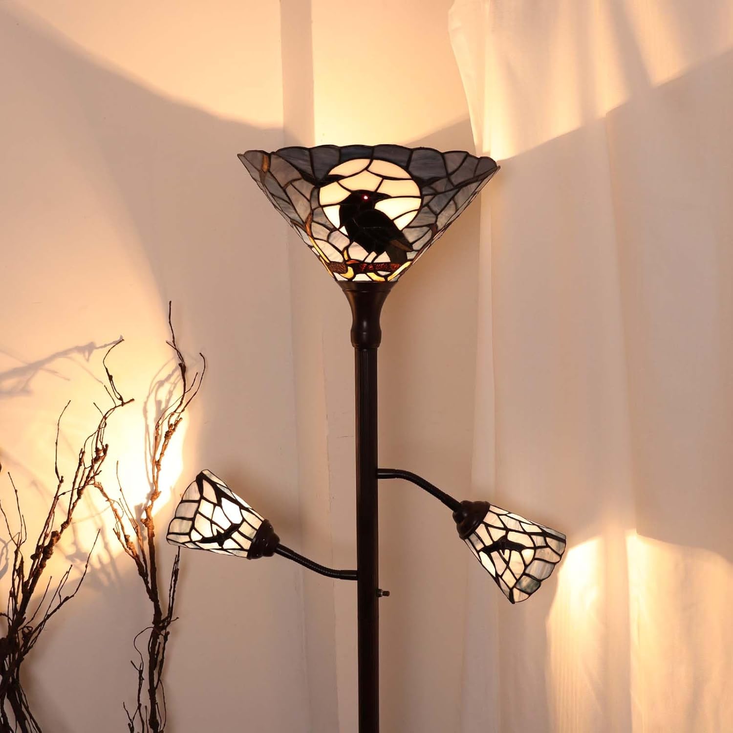 Thumbnail 2 de Bieye L50957 Tiffany-style stained glass 3-light torchiere floor lamp with adjustable reading lights (Dark Blue, Crow)