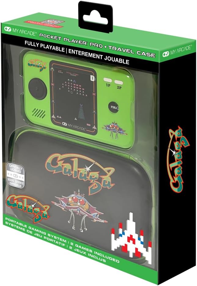 Detalle de MY ARCADE Pocket Player Galaga – przenośna konsola retro z etui i osłoną ekranu