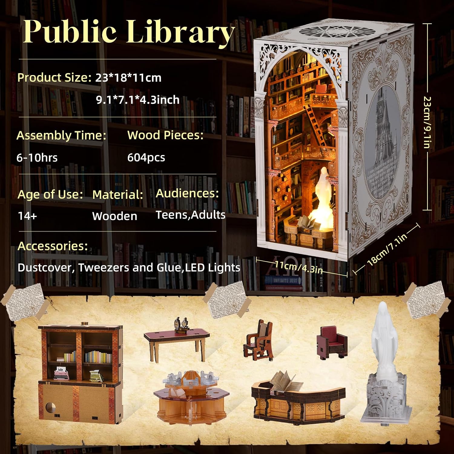 Detalle 2 de CCCDF Book Nook Kit: DIY 3D Wooden Miniature Library with LED Light and Dust Cover