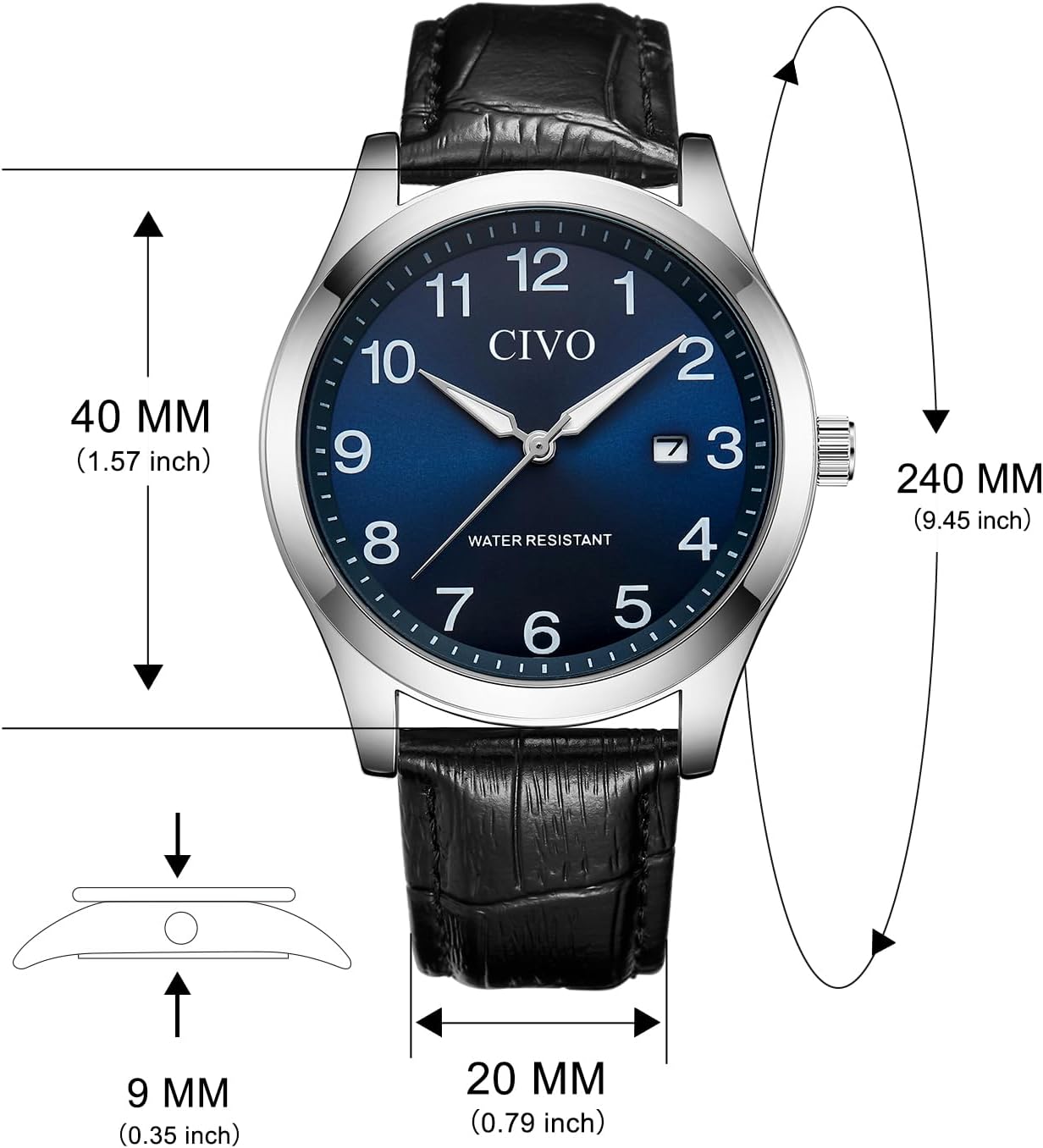 Detalle de CIVO Leicht Lesbar Herren-Uhr 40 mm – große Ziffern, Leuchtzeiger, Datum, 3ATM Wasserdicht