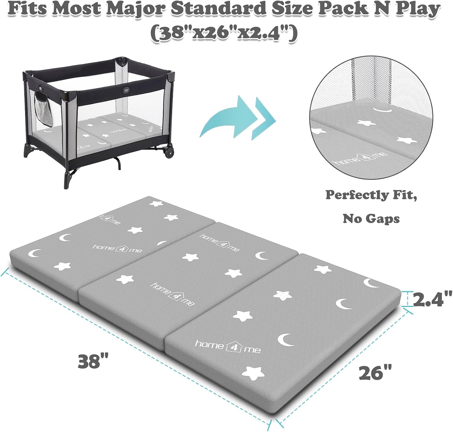 Detalle de Home4me HE-013 Trifold Pack and Play Mattress, Dual-Sided Memory Foam