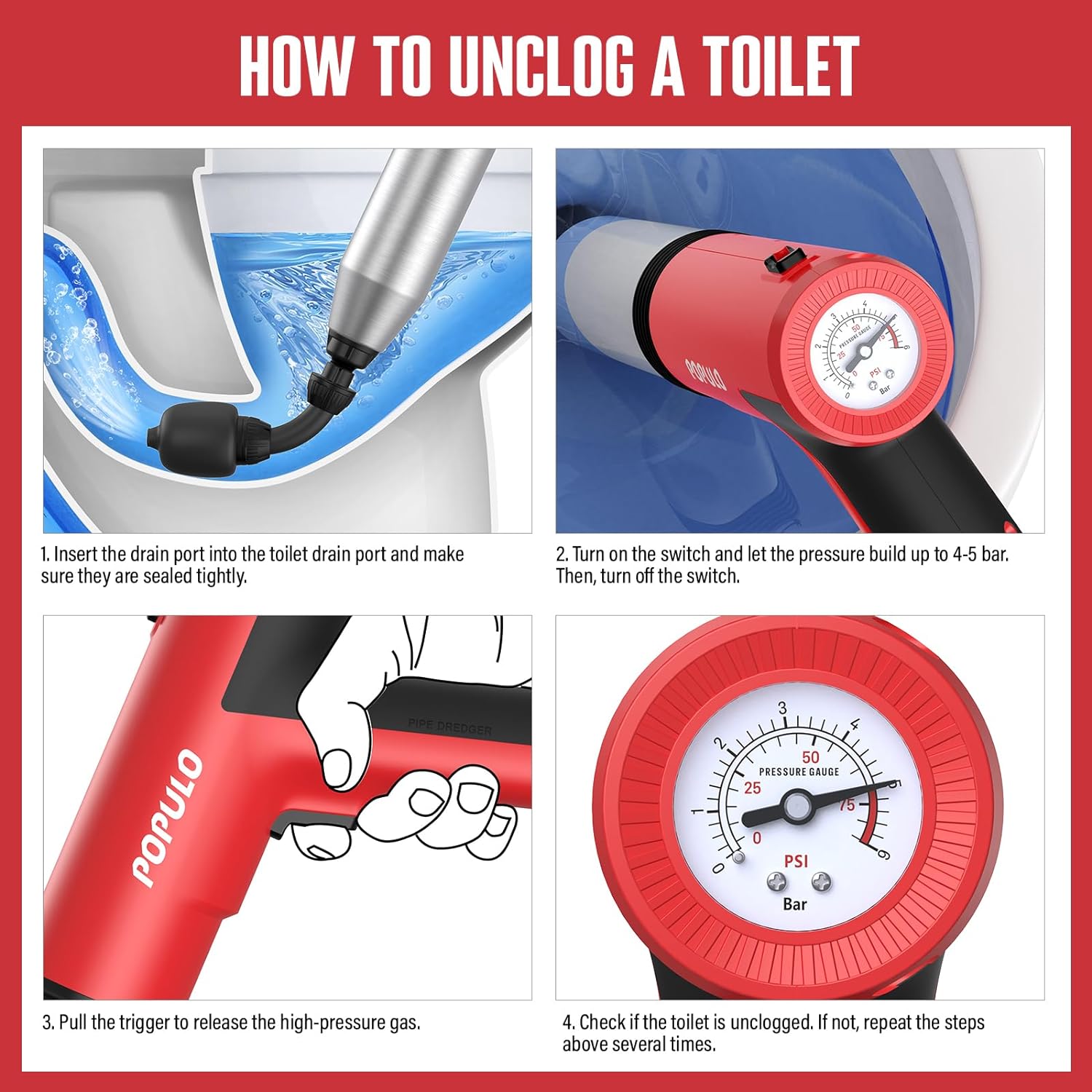 Detalle de POPULO Electric Toilet Plunger Swift High Pressure Drain Unclogger