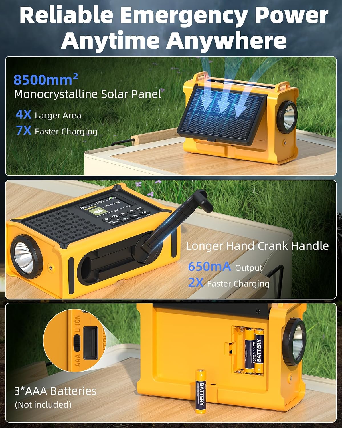 Thumbnail 3 de 12000mAh Kurbelradio mit DAB+/UKW, Solar-Notfallradio von Roxicosly – inklusive Solarpanel, Handkurbel-Dynamo und Bluetooth 5.0