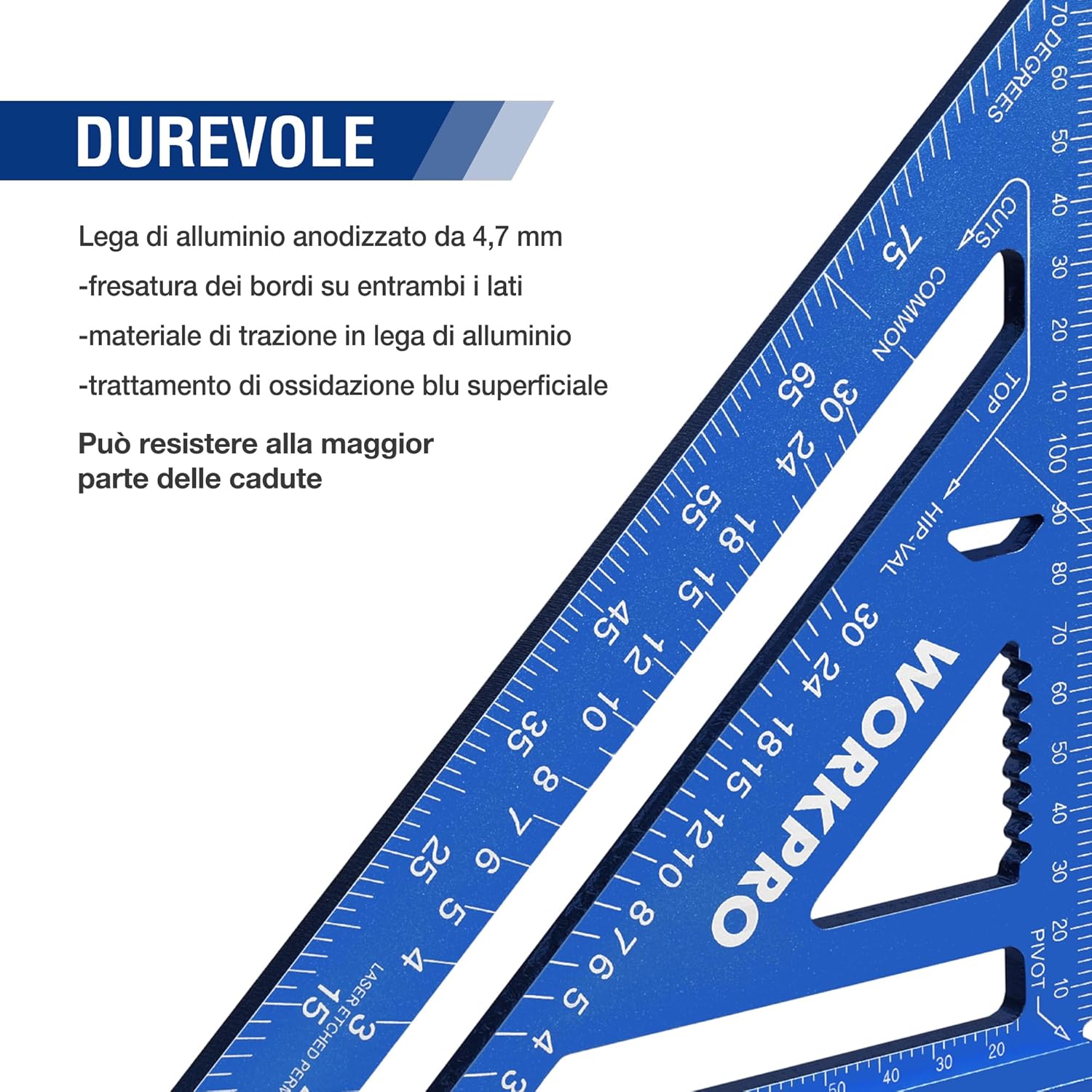 Detalle 2 de WORKPRO Squadra da falegname multifunzione 180 mm – Righello triangolare in alluminio, 45°-90°, blu