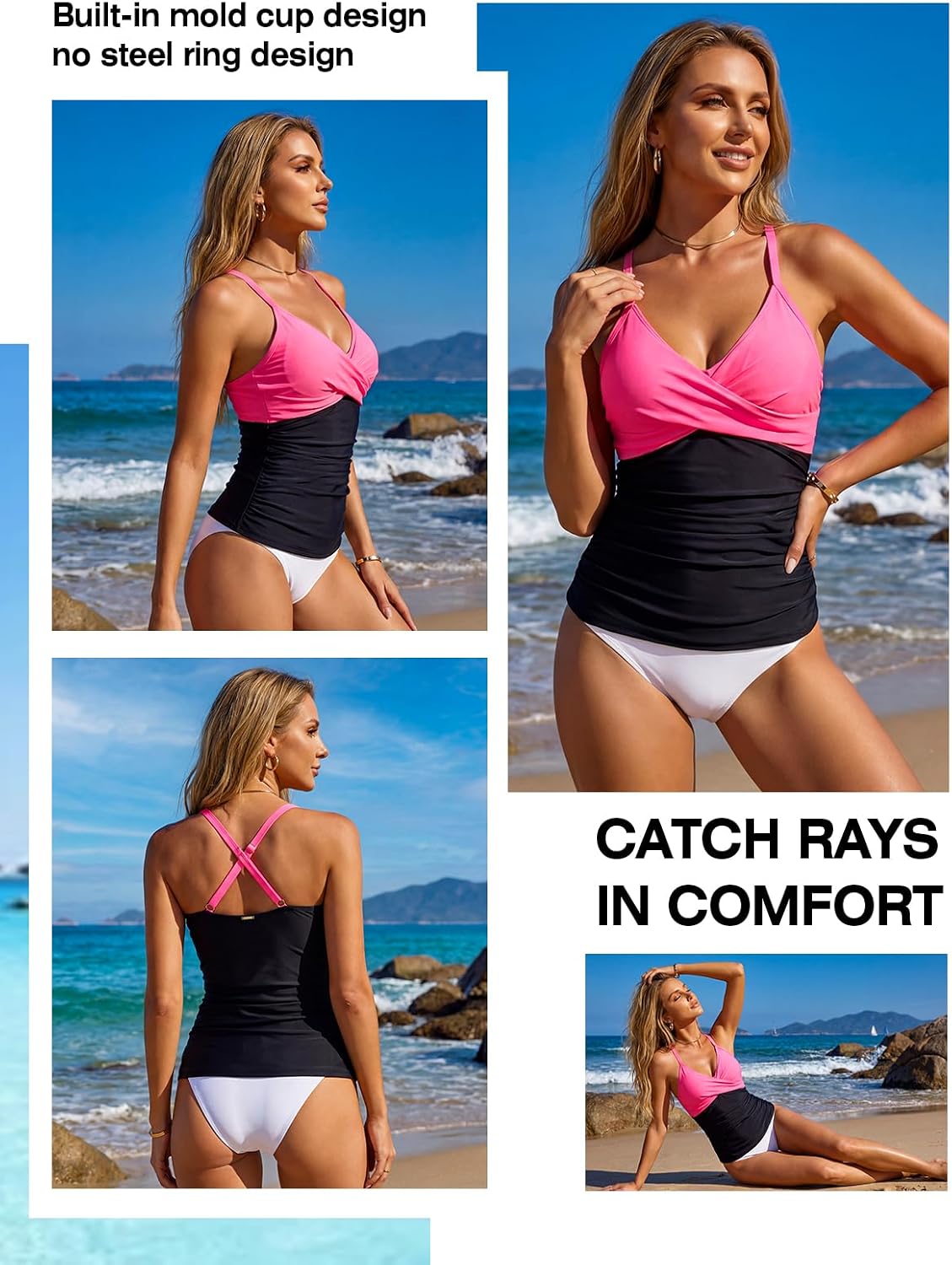 Thumbnail 4 de RELELCIGA Women’s Tankini Top V Neck Ruched Tummy Control Bathing Suit Top