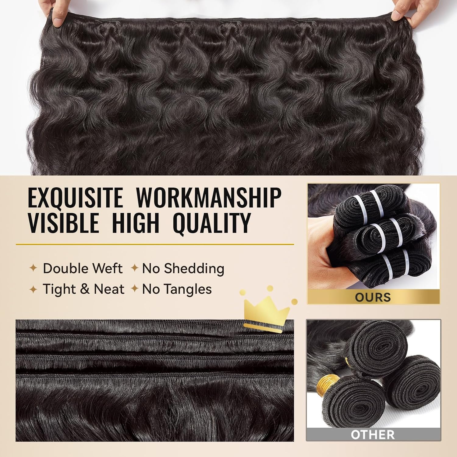Thumbnail 5 de WEQUEEN 16A Brazilian Virgin Body Wave Human Hair Bundles (18, 20, 22 inch) in #1B