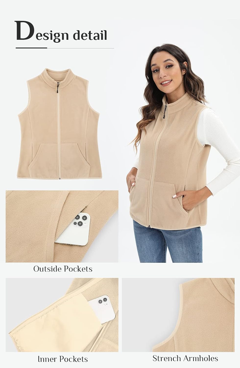 Detalle de Xeoxarel Women's Fleece Vest with 6 Pockets, 280 g Fleece and Stretch