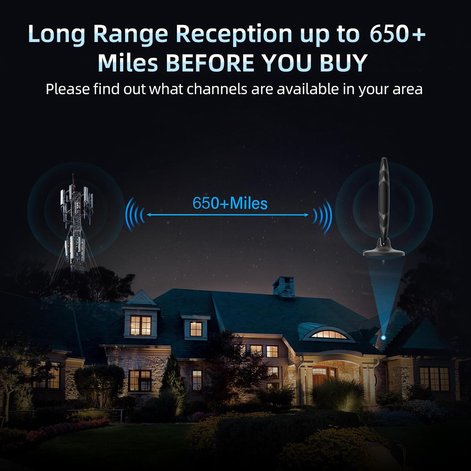 Thumbnail 1 de Indoor TV Aerial with Signal Booster (650+ Miles Range) for Smart TV & Older TVs, 180° Rotation, 16.4ft Coax Cable