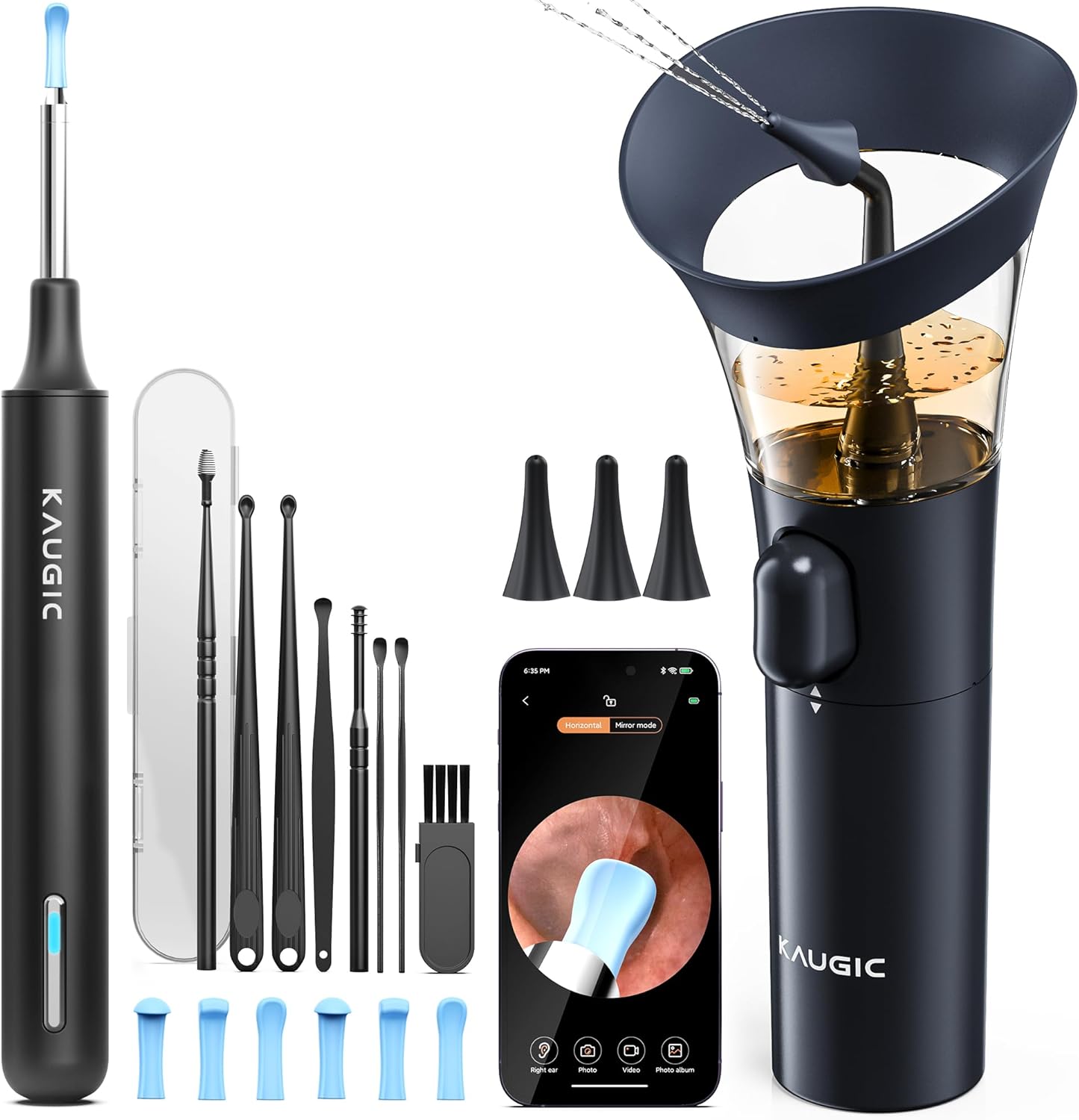 KAUGIC Ear Wax Removal Kit with One-Hand Manual Ear Cleaner, Camera Inspection, 7-Piece Set (Blue)