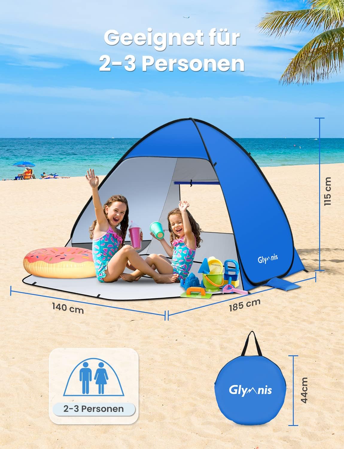 Detalle de Glymnis Strandmuschel Pop Up Strandzelt – UV-Schutz 50+, Windschutz, blau, kompakt