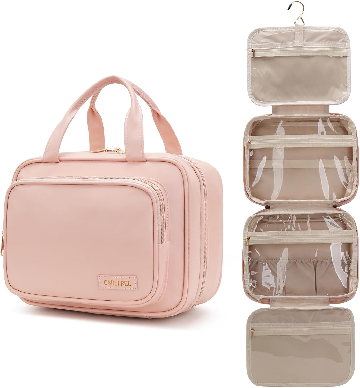 Detalle de YINGLANG Hanging Toiletry Bag – Large Capacity PU Leather Organiser with Clear Window (Pink)