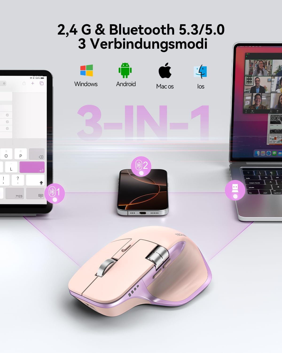 Detalle de TECKNET Bluetooth Maus kabellos – BT5.3/5.0 + 2,4 GHz, seitliches Mausrad, 4800 DPI, 7 Tasten, USB‑C Aufladung, rosa (Rechtshänder)