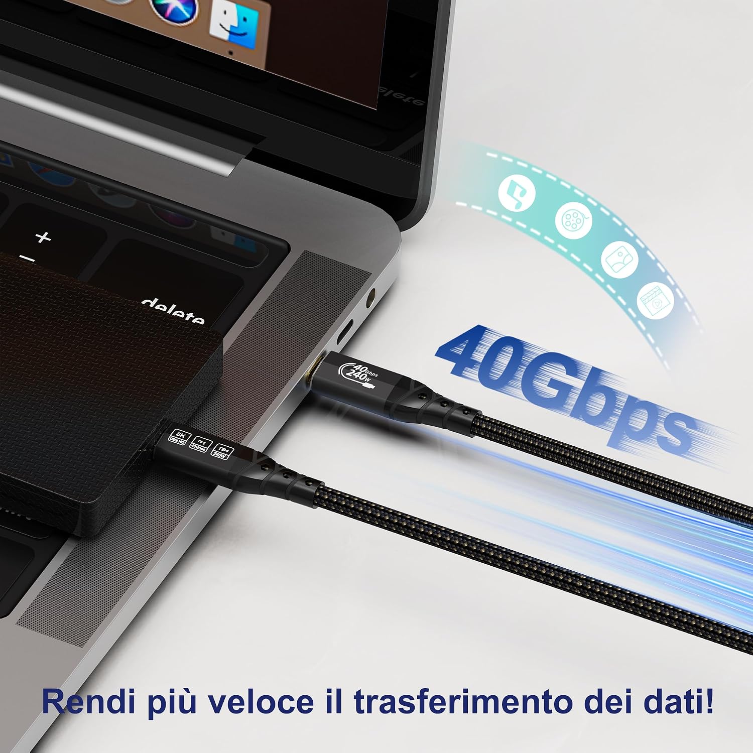 Detalle de Cavo Thunderbolt 4 ZIKNYDO da 3 m: 40 Gbps, 8K/4K, PD 240W e USB-C a USB-C