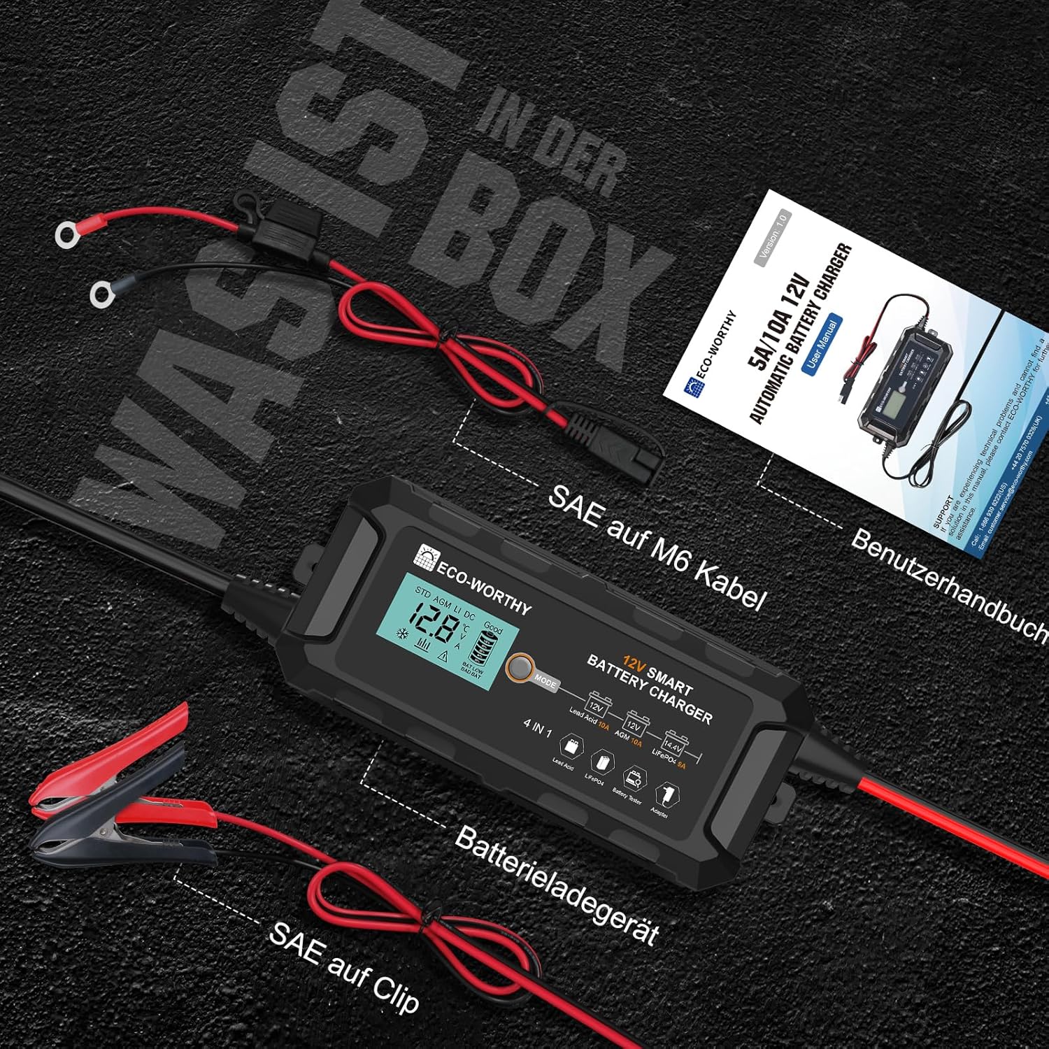 Thumbnail 5 de ECO-WORTHY 10A Autobatterie-Ladegerät für 12 V LiFePO4 & Blei-Säure (Erhaltungslader, Aktivierung)