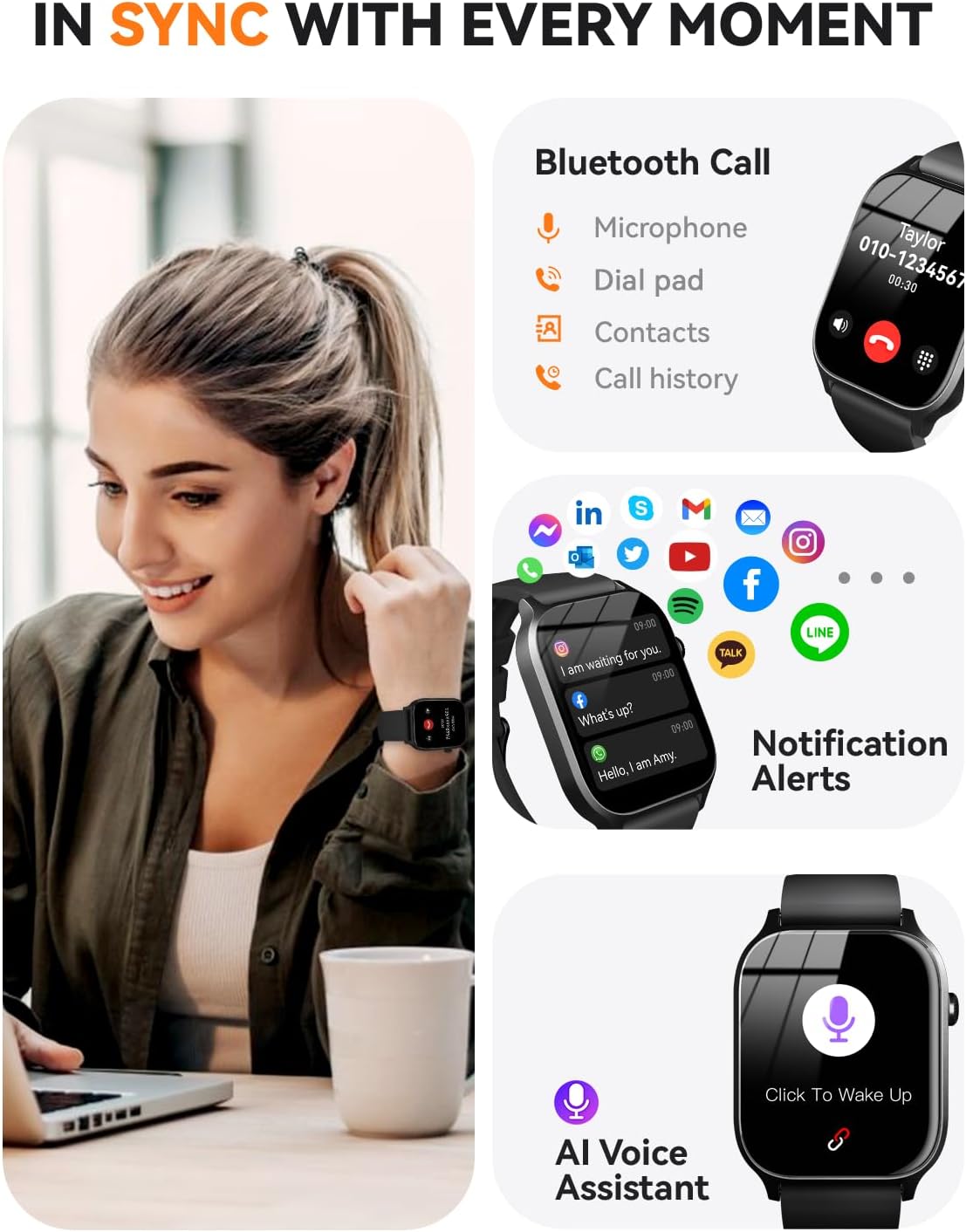 Detalle 2 de Smart Watch for Men Women (Classic Black, 1.83) – Bluetooth calling, IP68 fitness tracking & sleep