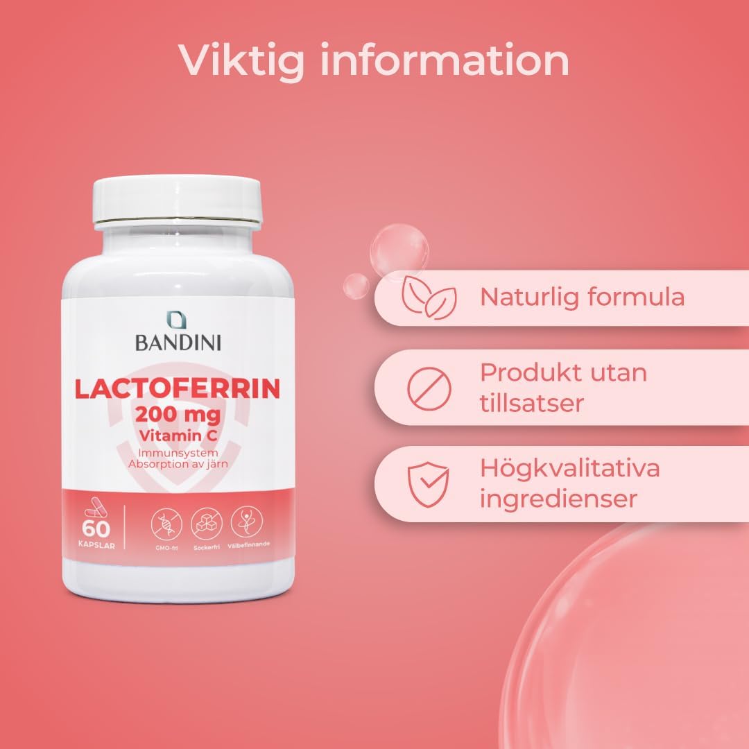 Detalle de BANDINI Lactoferrin 200, 60 kapslar med 200 mg laktoferrin och C-vitamin