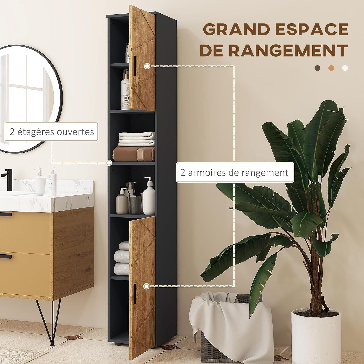 Thumbnail 3 de kleankin Colonne Armoire Salle de Bain 183 cm Gris foncé