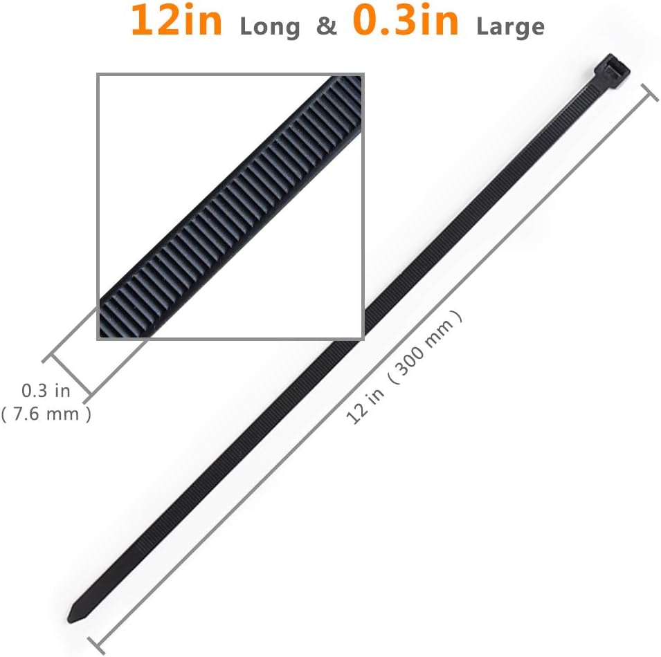 Thumbnail 2 de Cable Ties Black, 300mm x 7.6mm, 70 kg – Heavy Duty Nylon Zip Ties (100 Pieces)