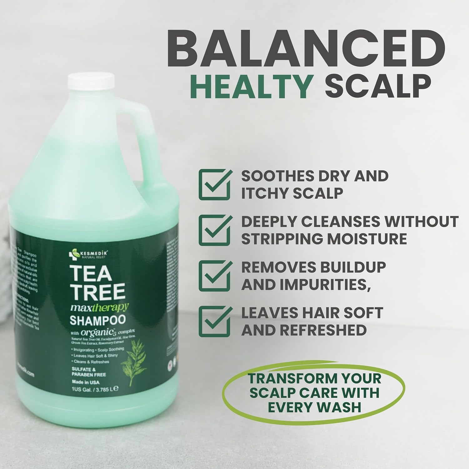 Detalle 2 de KESMEDIK Tea Tree Shampoo Refill, 128 fl oz (1 Gallon) – Clarifying Deep Clean for Buildup, Dandruff & Flakes
