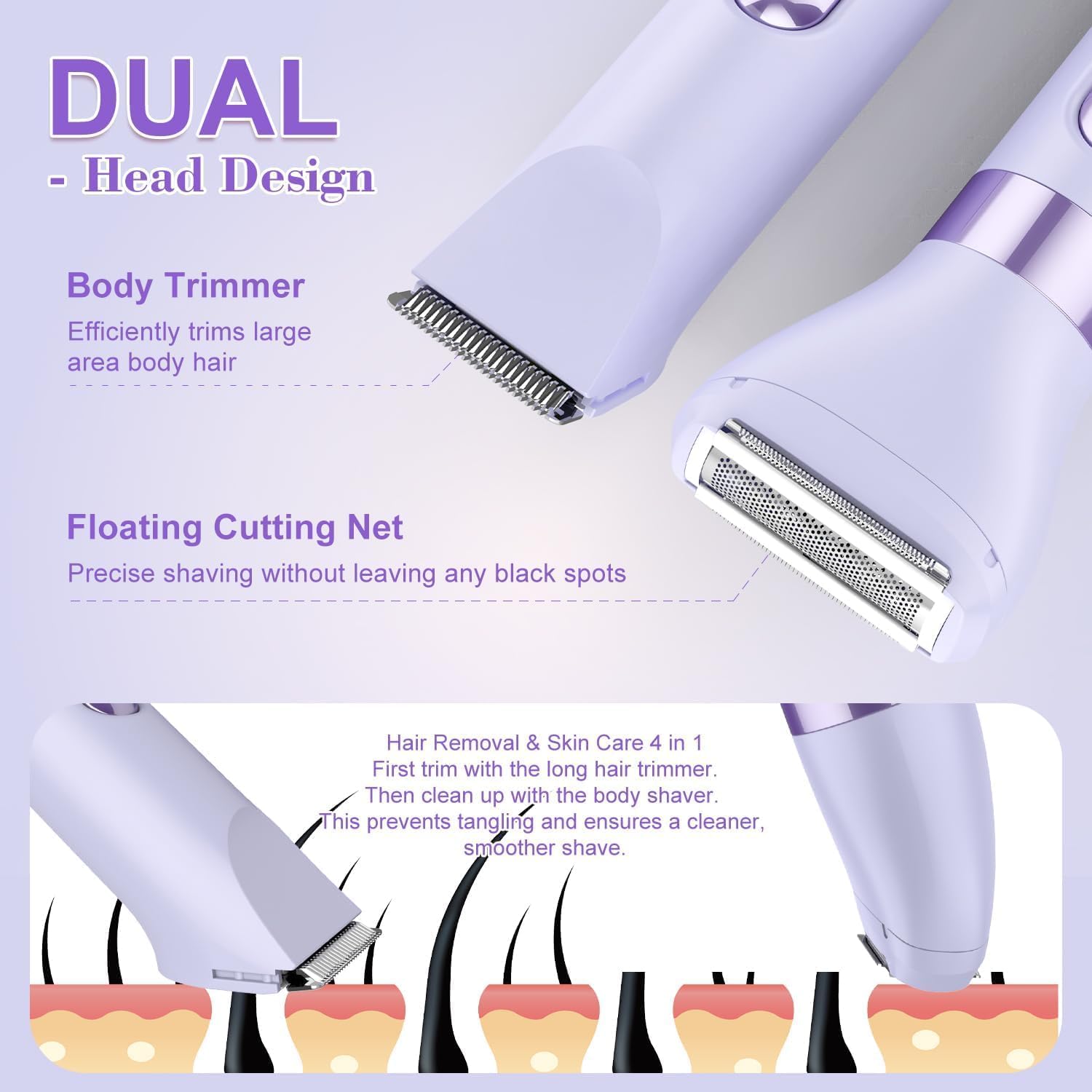 Thumbnail 4 de Hatteker 4-in-1 Women’s Electric Razor (Dual-Head) for Bikini, Legs, Face, Nose & Eyebrows, IPX7 Waterproof Rechargeable, Purple