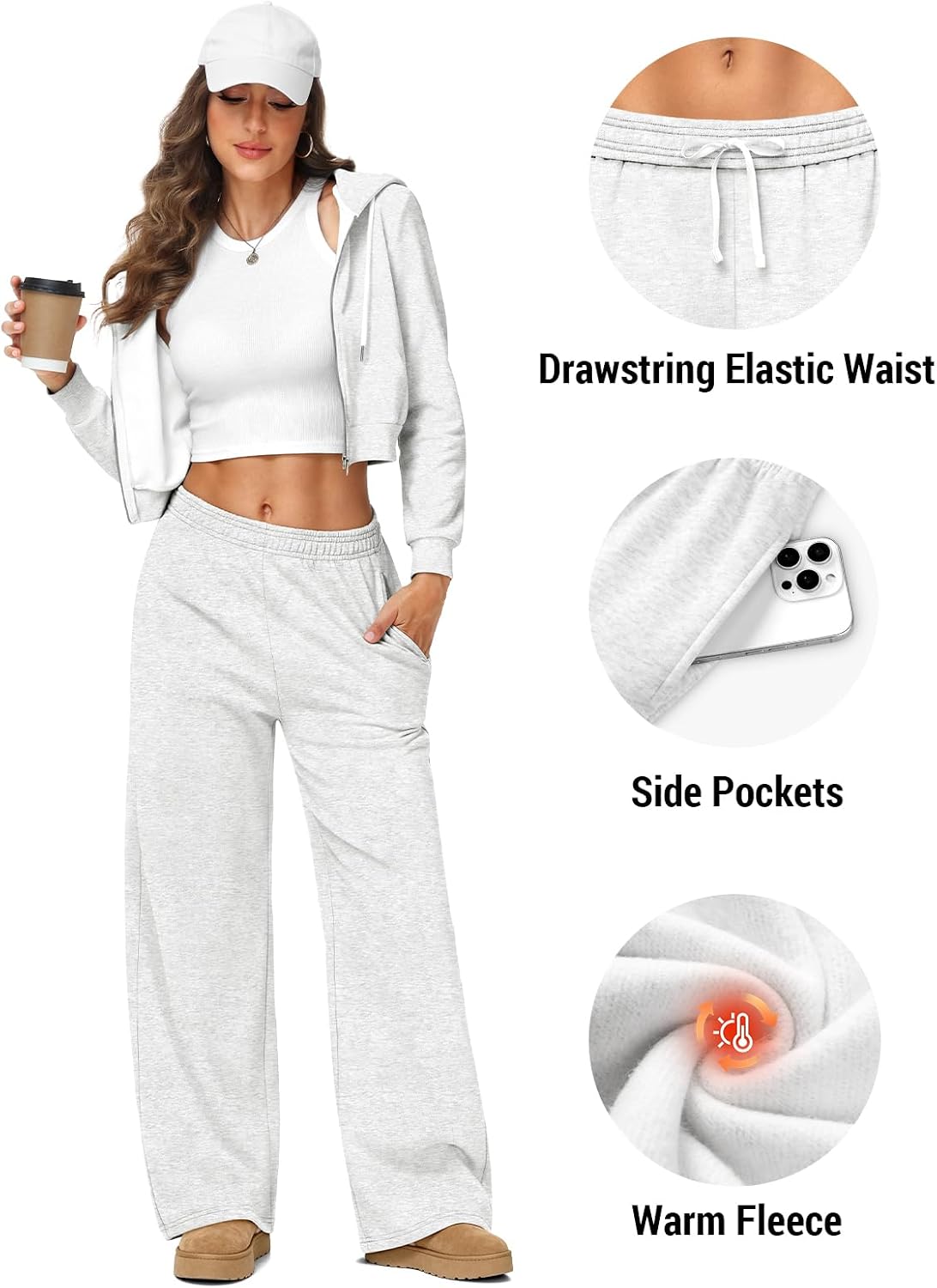 Thumbnail 3 de HMIYA Women's Fleece-Lined Wide-Leg Sweatpants, 27.4–27.8 in Inseam
