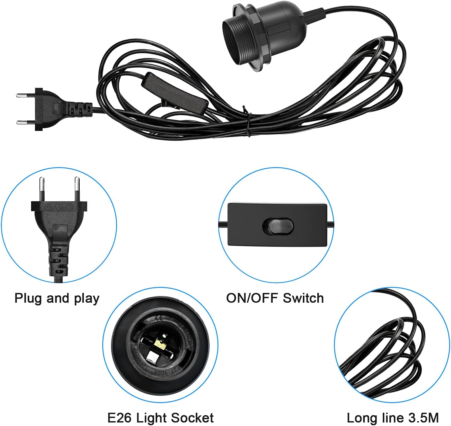 Detalle 2 de KEAGAR 3x E27 Lampenfassung mit Schalter und 3,5m Kabel