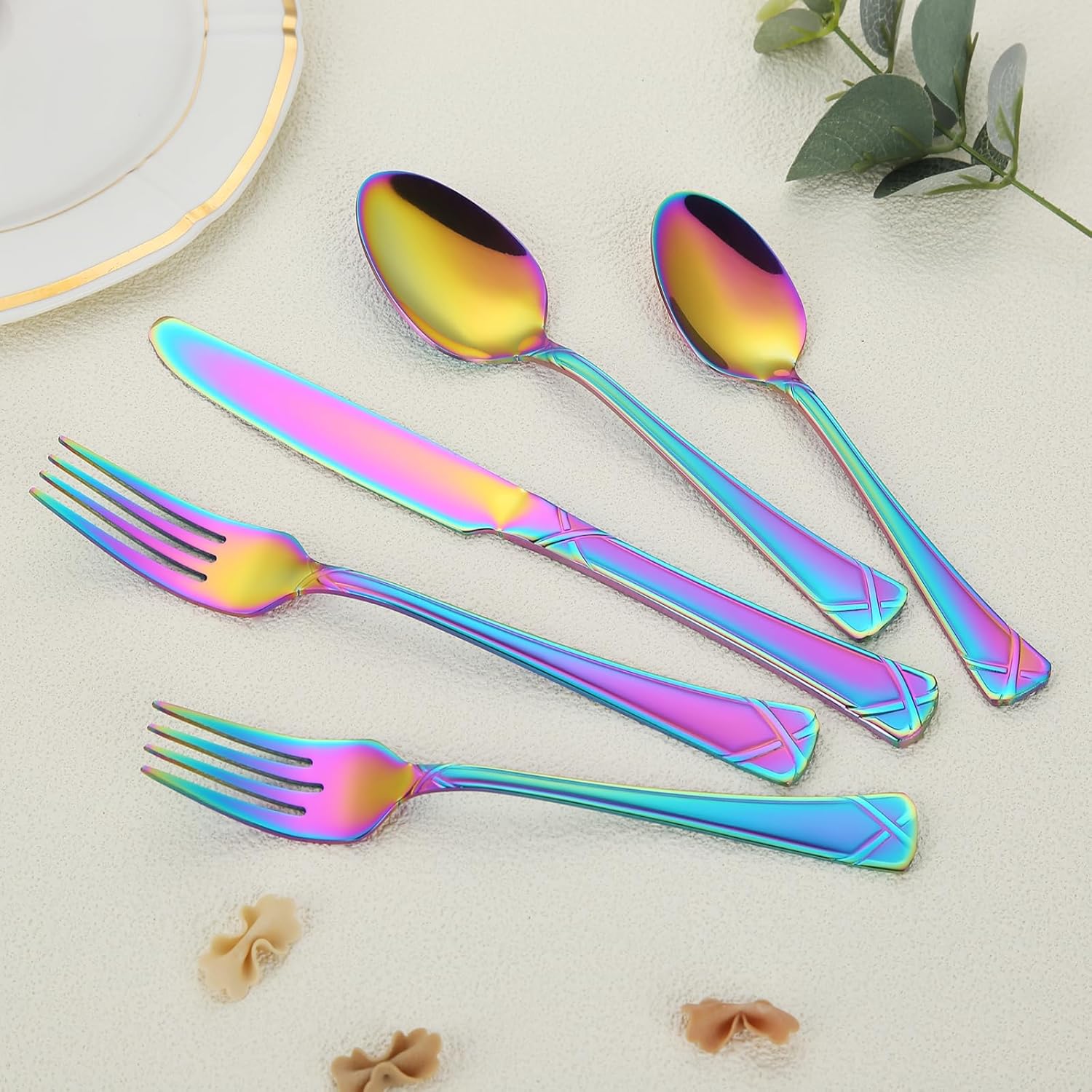Detalle de X-Haoware 30-teiliges Regenbogen Besteckset – Edelstahl für 6 Personen, spülmaschinenfest