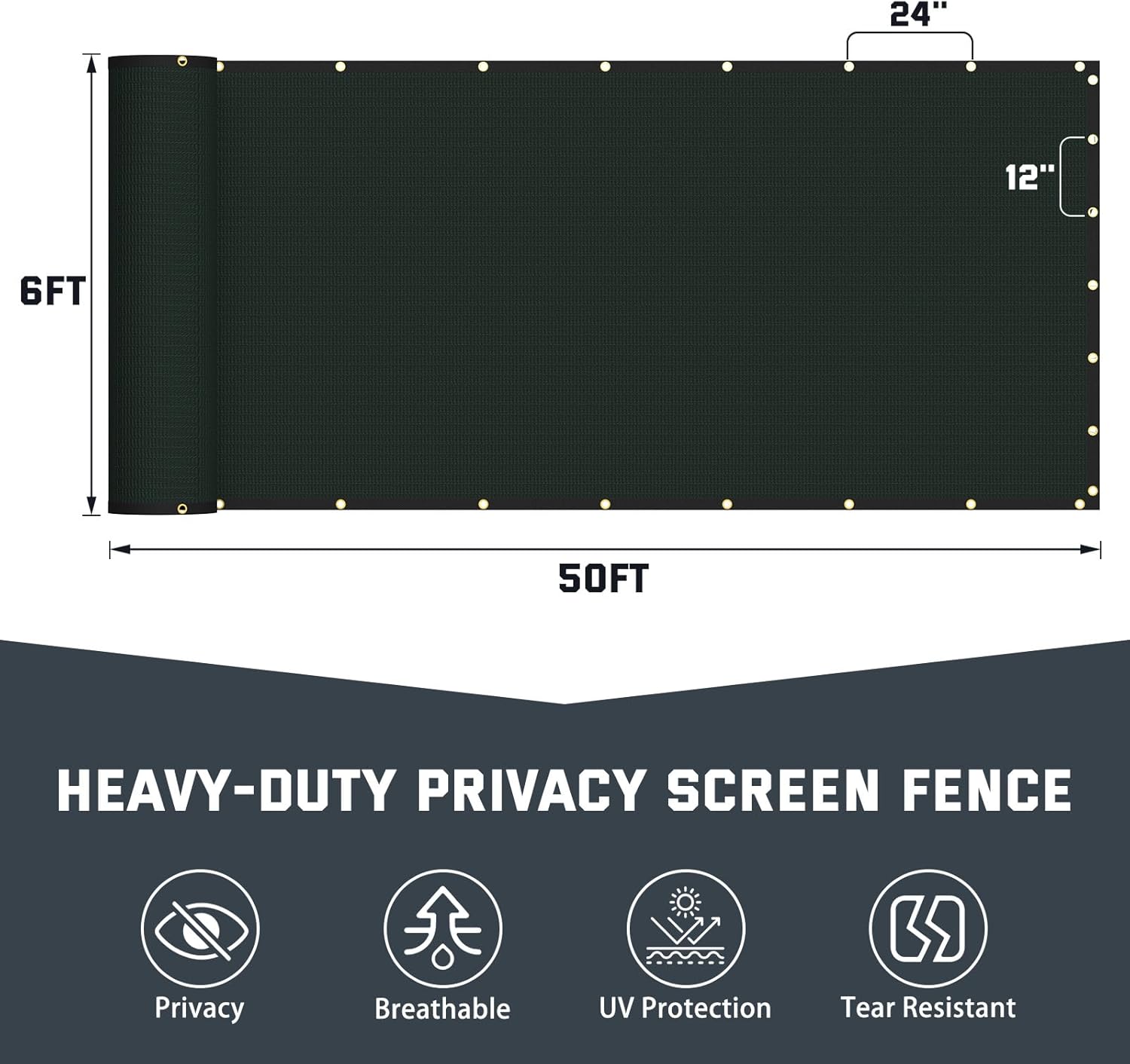 Detalle de Kesfitt 6x50FT Chain Link Fence Privacy Screen — 90% Privacy, Dark Green HDPE with Brass Grommets