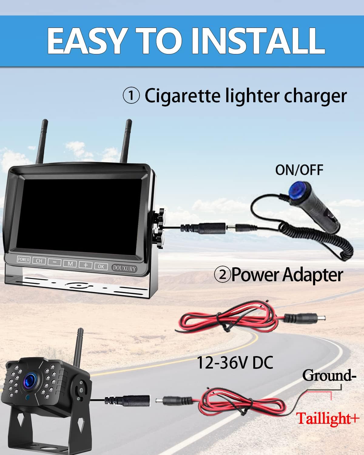 Thumbnail 6 de DOUXURY RV Backup Camera Wireless System with 7" HD LCD Monitor, IP69 Waterproof 170° Camera + 4-Split Screen