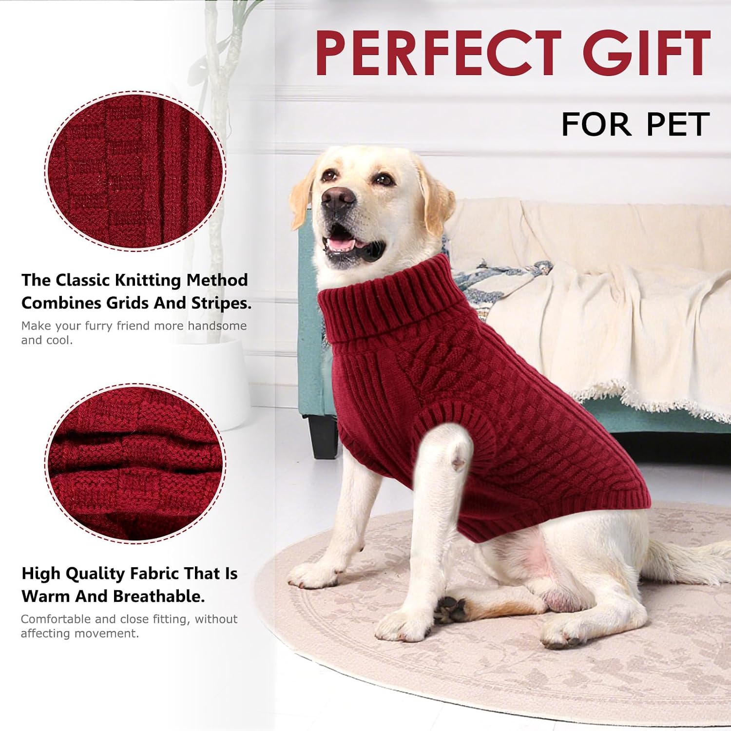 Detalle de CITÉTOILE Hundepullover mit Rollkragen, ärmellos, warmer Strickpullover mit Leinenloch – Rot, XL