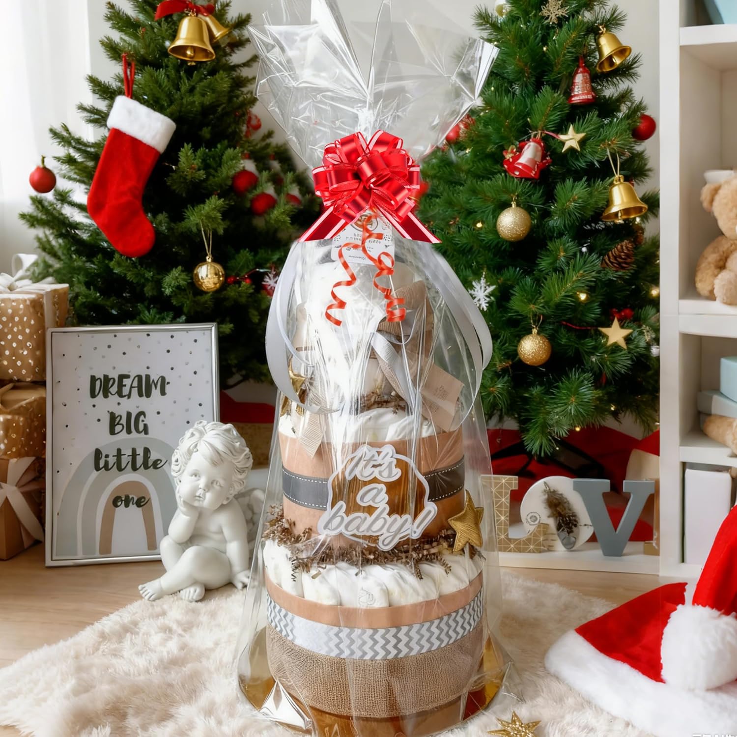 Thumbnail 1 de 5 Extra Large Cellophane Wrap for Hampers (100cm × 70cm) with 5 Pull Bows – Clear Gift Bags for Hampers