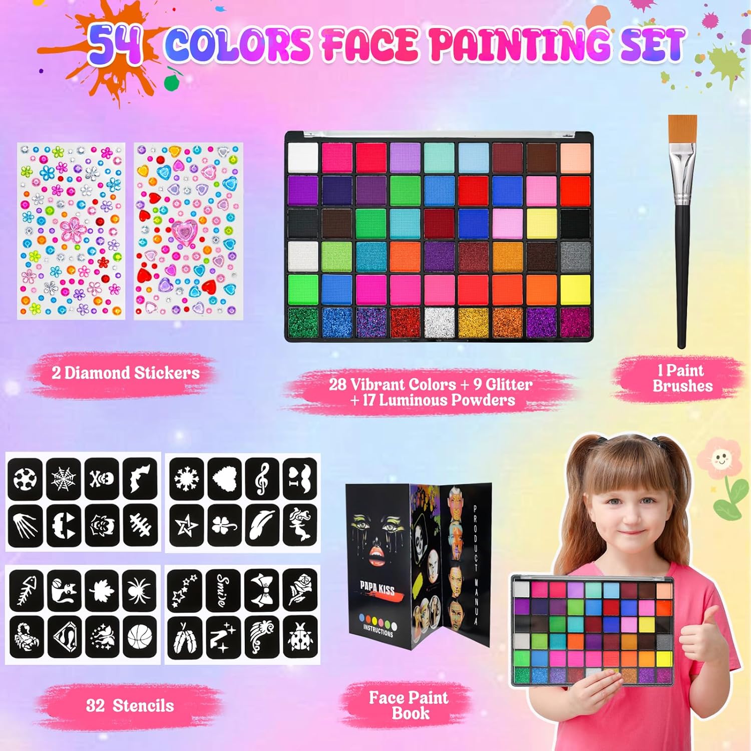 Thumbnail 4 de Gigmeta Kinderschminke Set – 54 Farben, Pinsel, Schablonen und Diamant-Sticker für Theater, Halloween und Bodypainting
