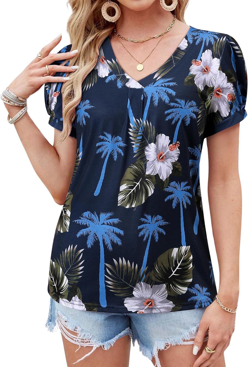 Thumbnail 1 de WIEIYM Women V Neck Pleated Puff Short Sleeve Tropical Floral Blouse
