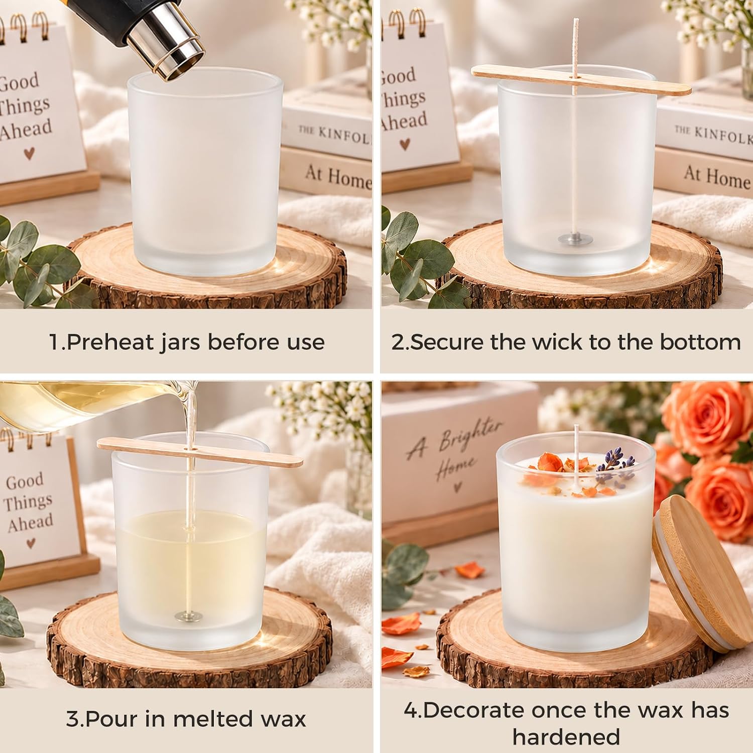 Detalle 1 de CONNOO JLZG-008 7 oz Frosted Glass Candle Jars with Bamboo Lids, 15-Pack