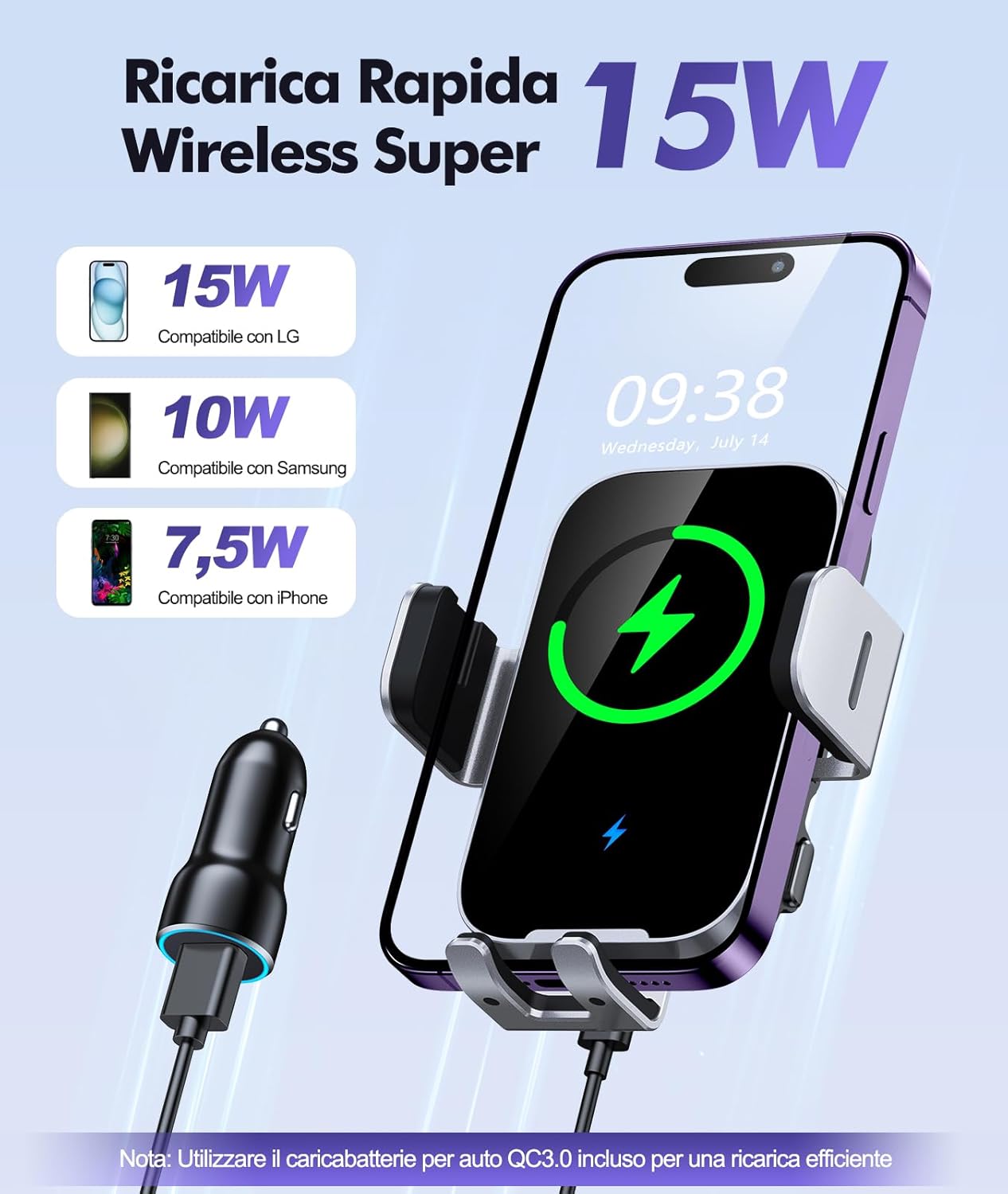 Thumbnail 2 de ISEYOU Caricatore Wireless Auto 15W con supporto 360° e bloccaggio automatico