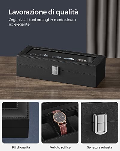 Detalle de SONGMICS Porta Orologi a 6 Posti con Coperchio in Vetro – Scatola Portaorologi in PU Nera JWB06B01