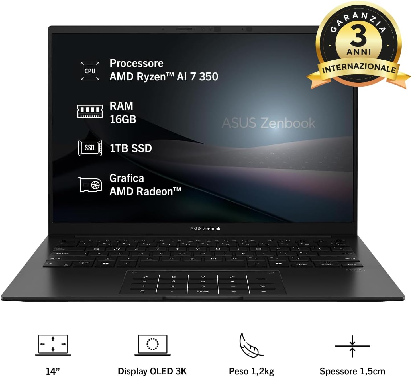 Thumbnail 1 de ASUS Zenbook 14 UM3406KA: OLED 14'' con Ryzen AI 7 350, 16GB RAM e 1TB SSD