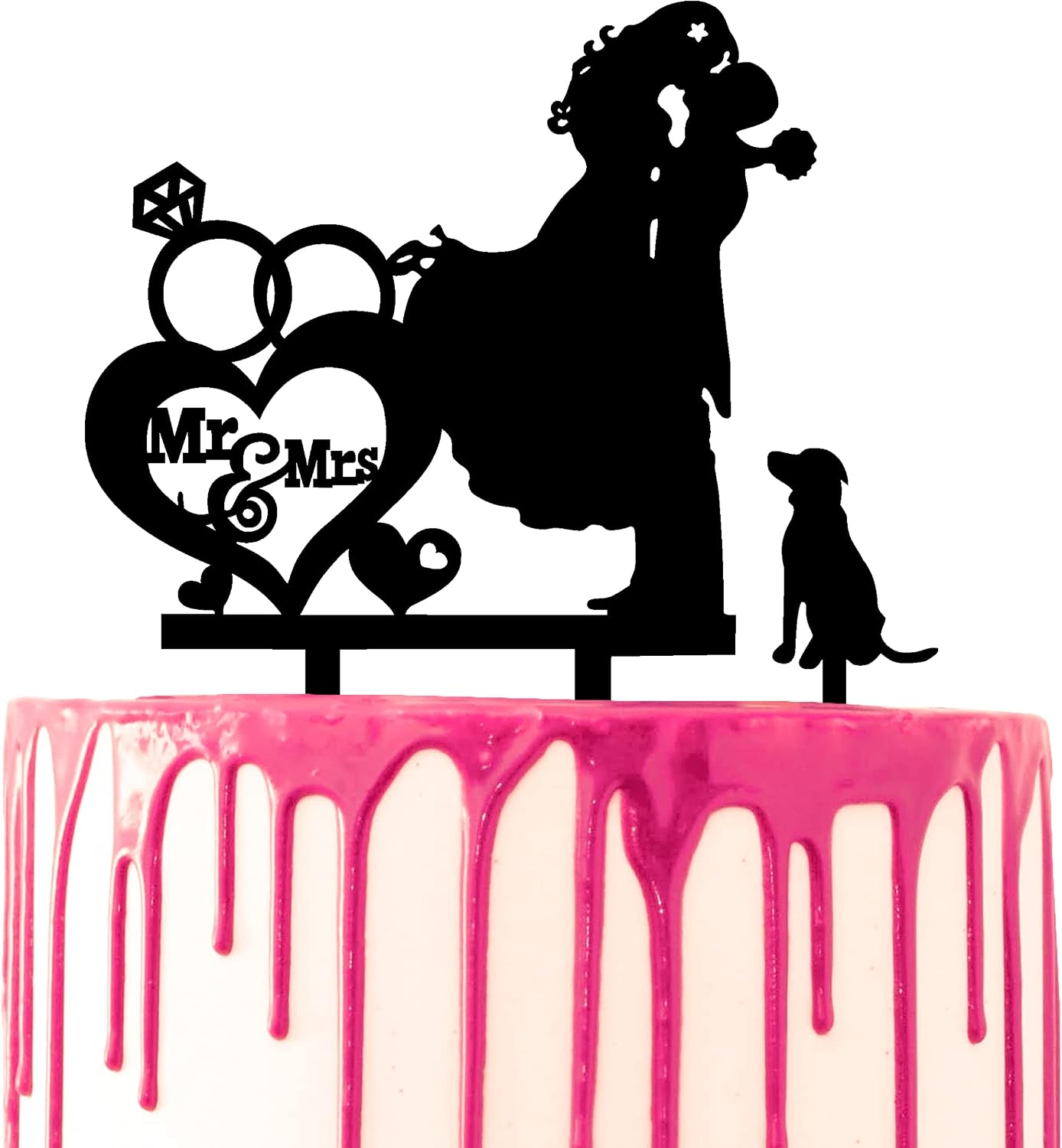 Thumbnail 6 de CARISPIBET Wedding Cake Topper: Bride and Groom Kiss with Four Dogs in Acrylic Silhouette