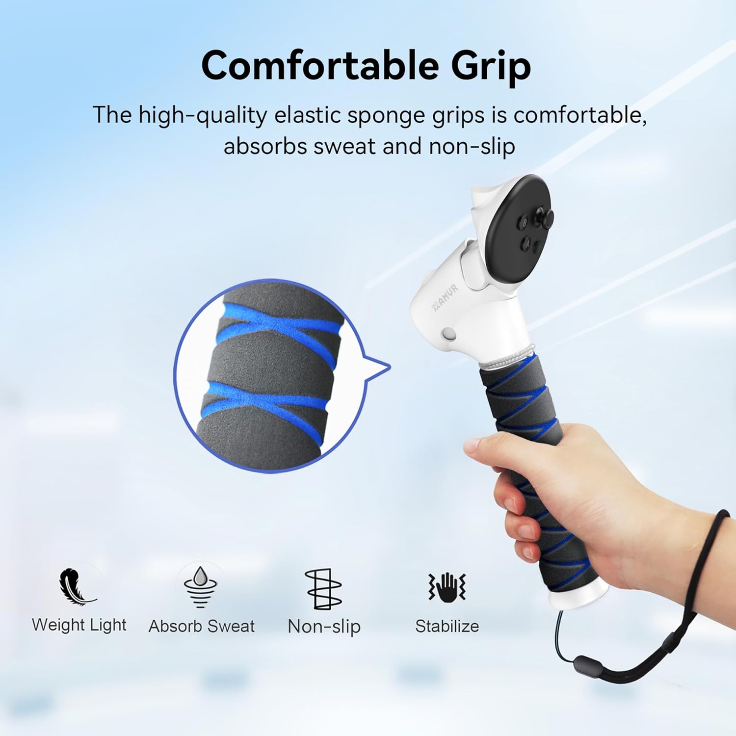 Detalle de AMVR Upgraded Handle Attachment for Meta/Oculus Quest 3S and Quest 3 controllers (3-in-1 long grips)