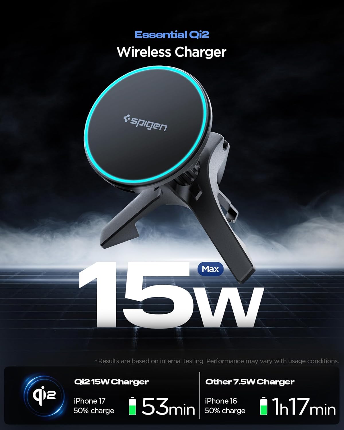 Thumbnail 1 de Spigen Essential MagFit Qi2 15W chargeur MagSafe pour voiture avec câble USB‑C de 1,5 m et fixation sur grille