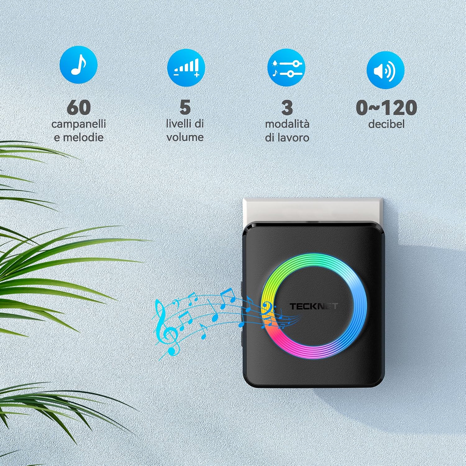 Detalle de TECKNET Campanello Wireless: campanello da esterno impermeabile con 60 melodie, 5 livelli di volume e due ricevitori