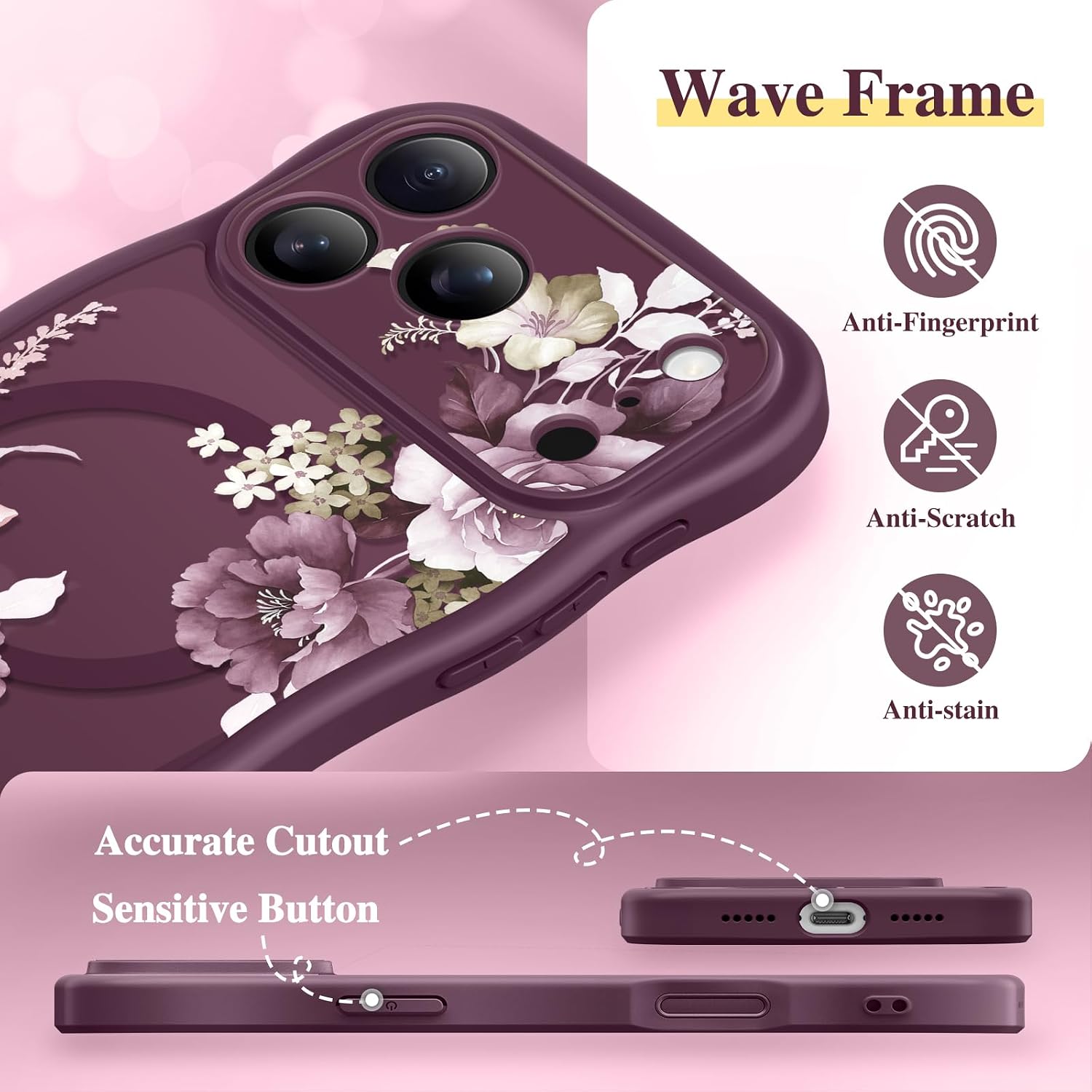 Detalle 2 de GVIEWIN Floral MagSafe Case for iPhone 17 Pro/18 Pro, Cherry Blossoms/Dark Cherry